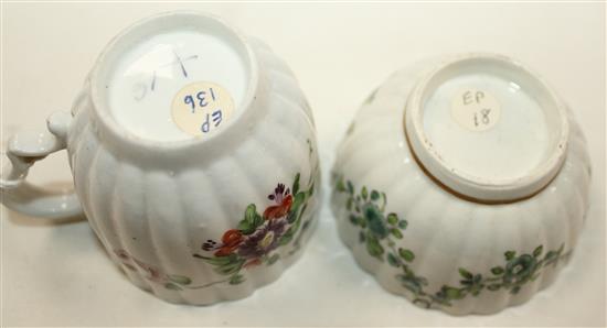 A Bristol fluted coffee cup and a Worcester tea bowl and saucer, c.1770-80, saucer 4.9in.